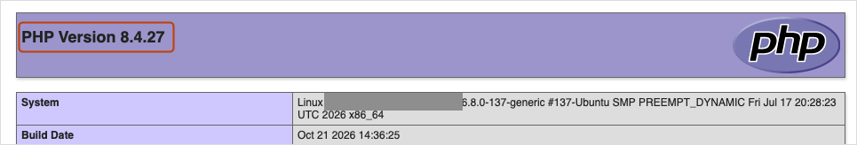 Schermata PHPinfo con la versione PHP 8.4.27 evidenziata e la data di compilazione